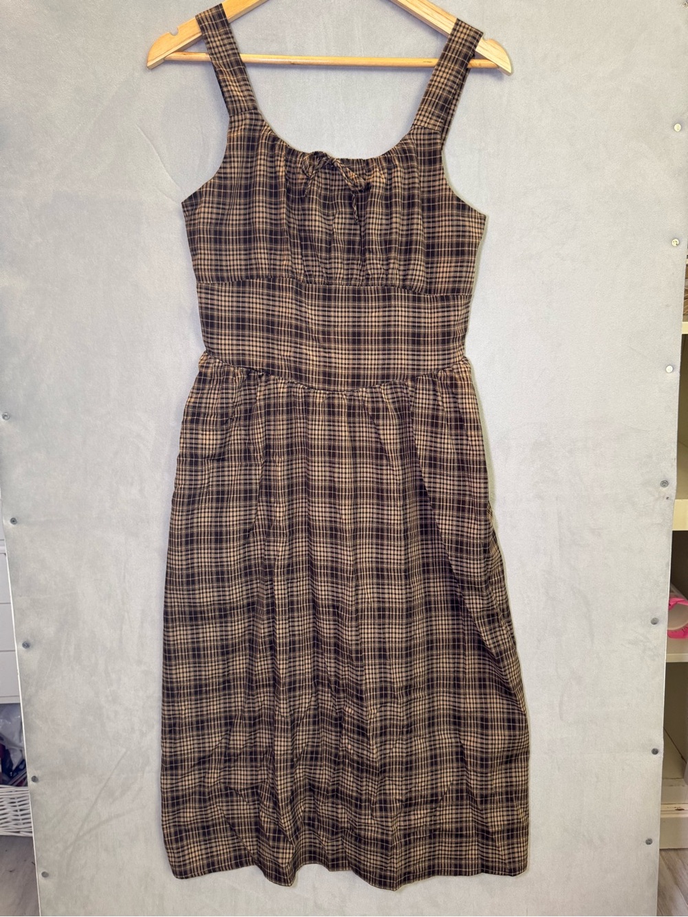 Monteau Los Angeles Plaid Midi Dress L Brown Smocked Cottagecore Tie Front